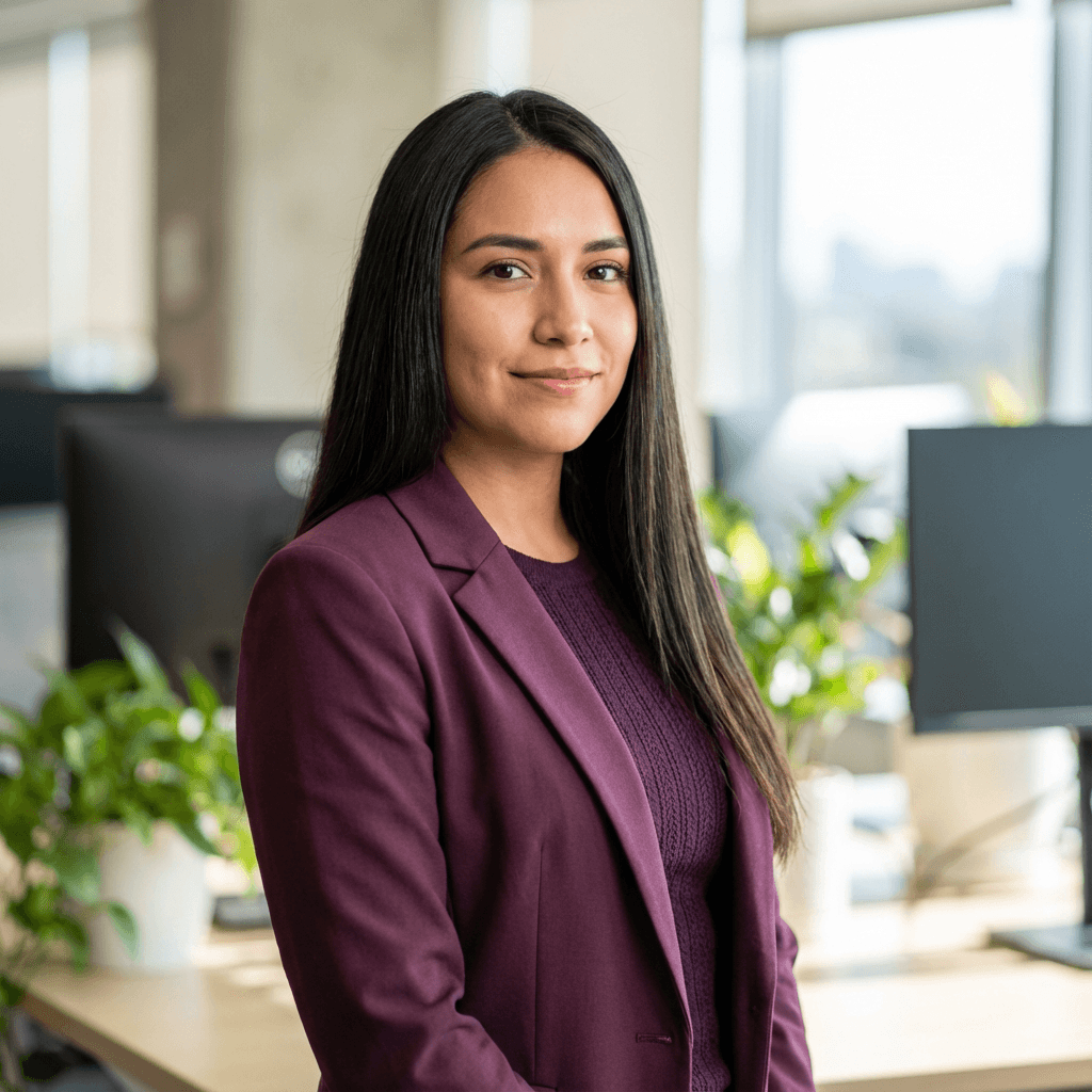 Daniella Ortiz holding a tablet in a bright rental office with cars visible outside