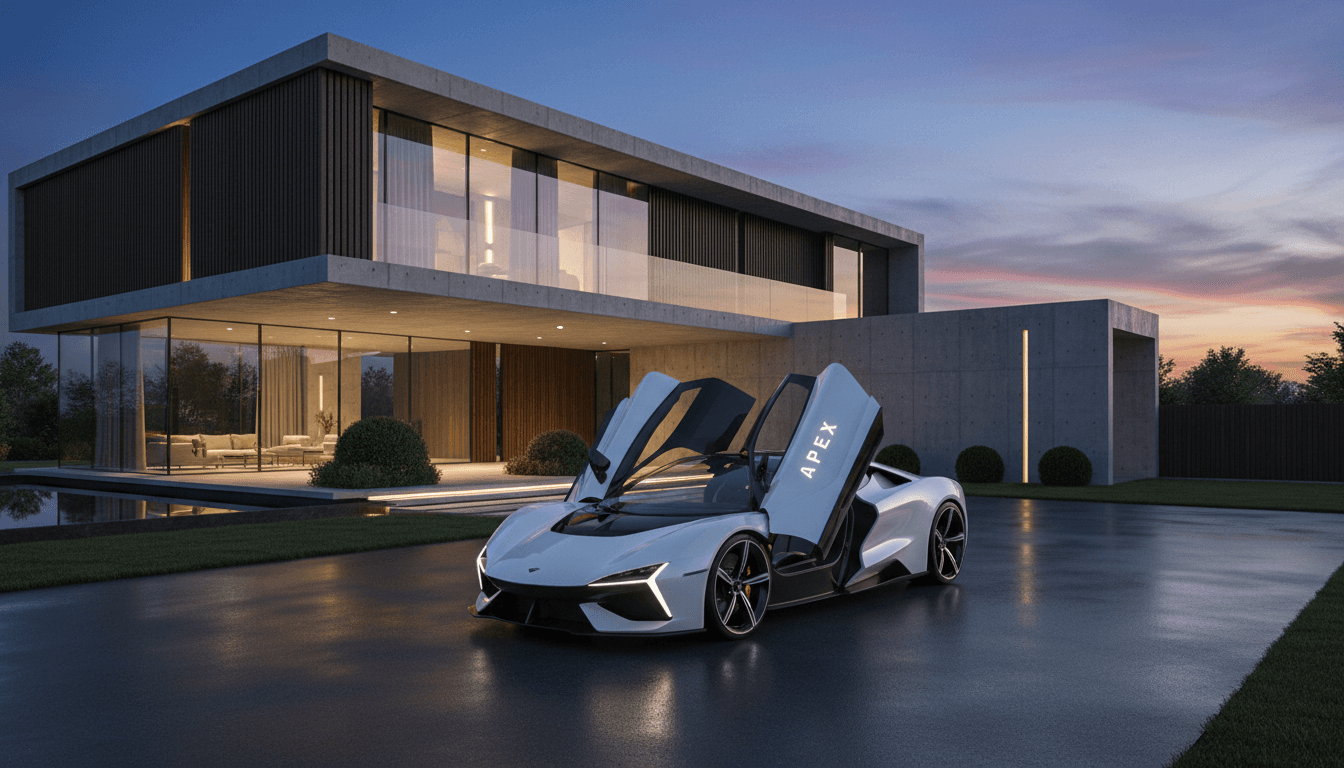 White luxury sports car with doors open in front of a modern house
