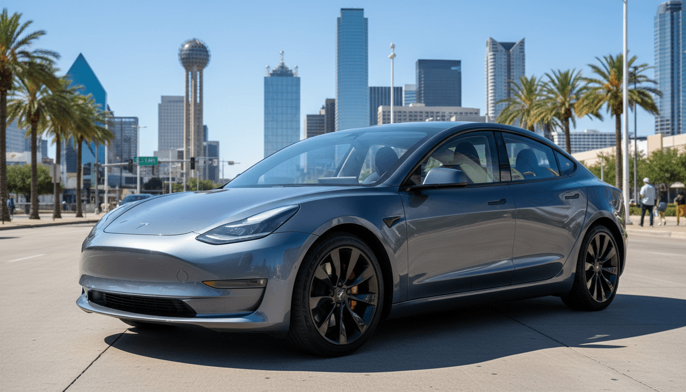 Gray 2022 Tesla Model 3 with black alloy wheels on a Dallas street, modern and urban vibe.
