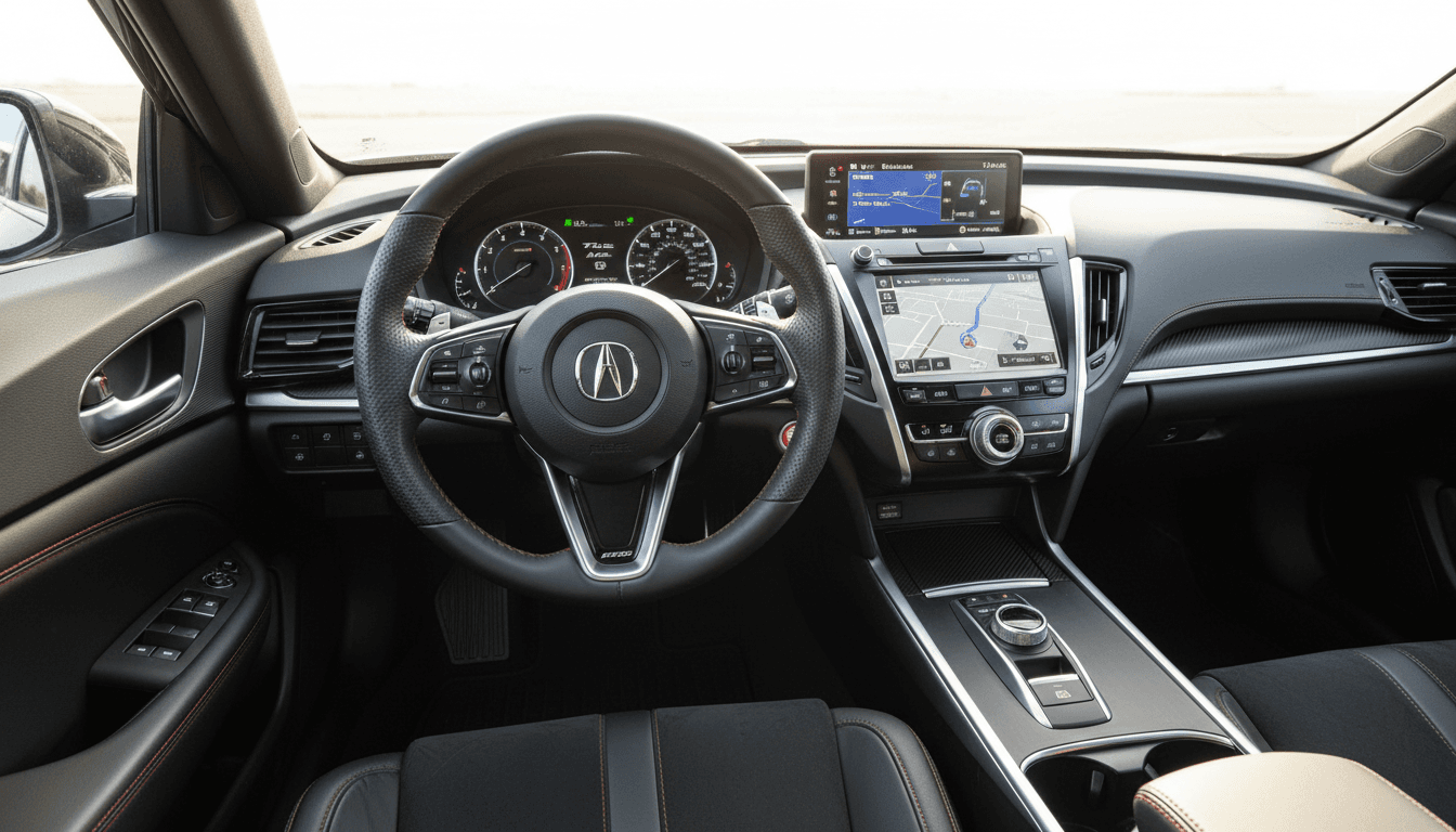 Interior of a 2023 Acura TL showing dashboard and steering wheel in daylight.