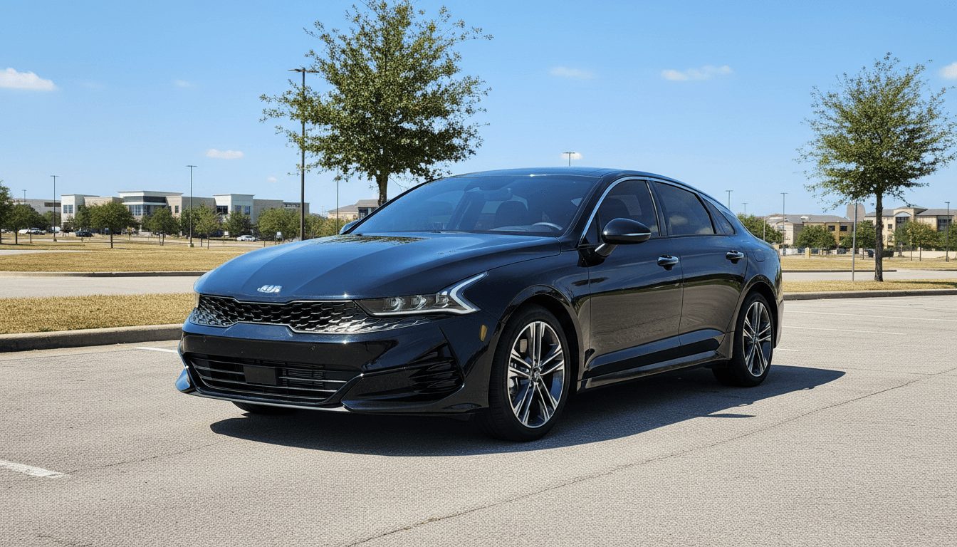 Black 2026 Kia K5 midsize sedan in an open parking lot, front three-quarter view.