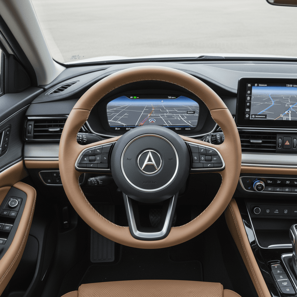 Modern car interior showing dashboard, steering wheel, and seats