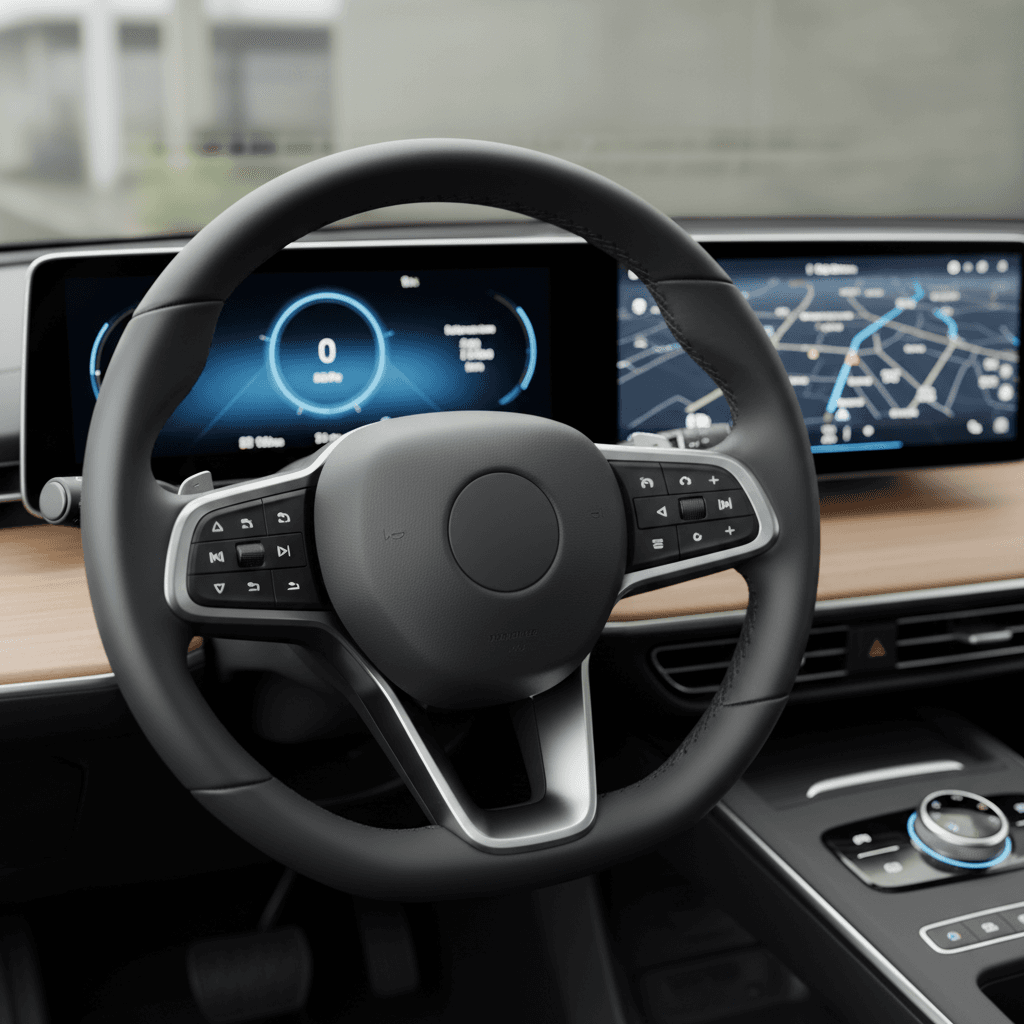 Modern car interior with dashboard, steering wheel, and comfortable seats