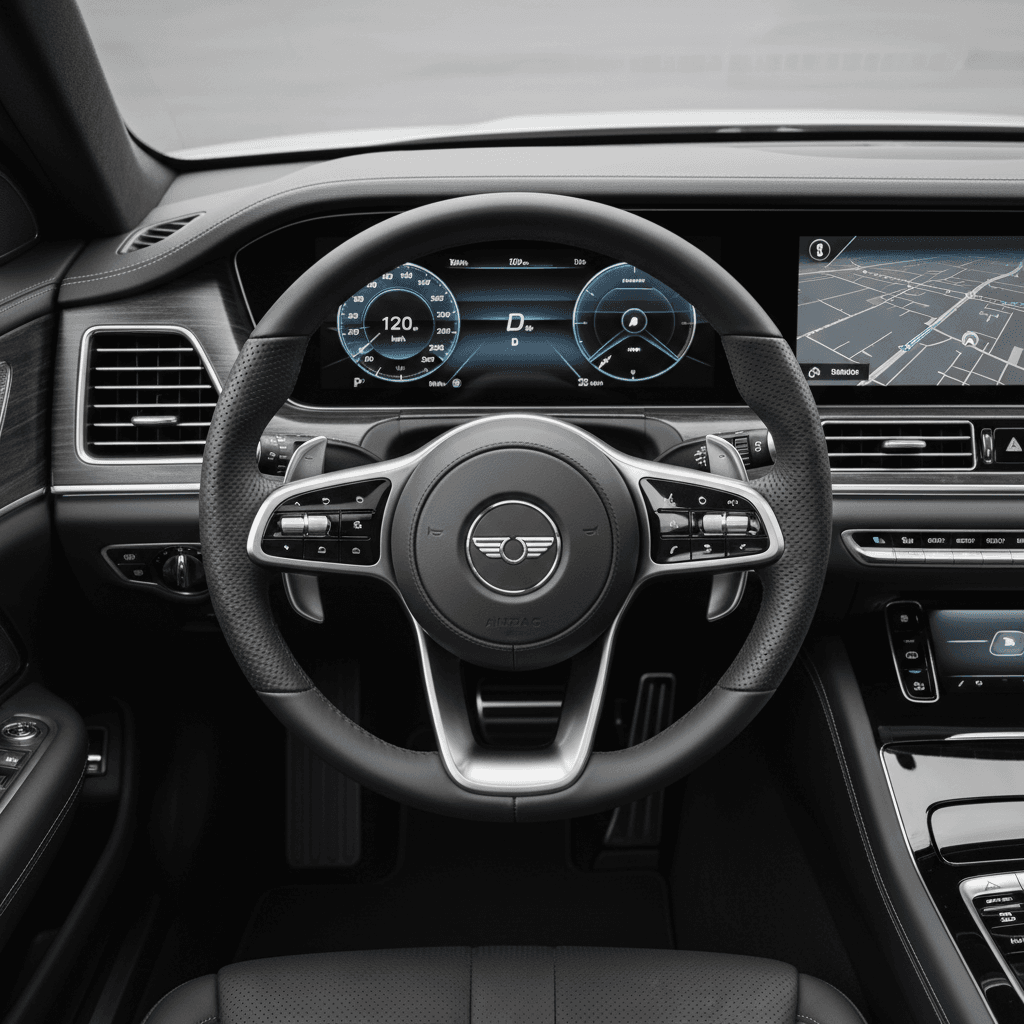 Overhead view of luxury sedan dashboard showing illuminated controls, steering wheel, and premium materials in minimalist design