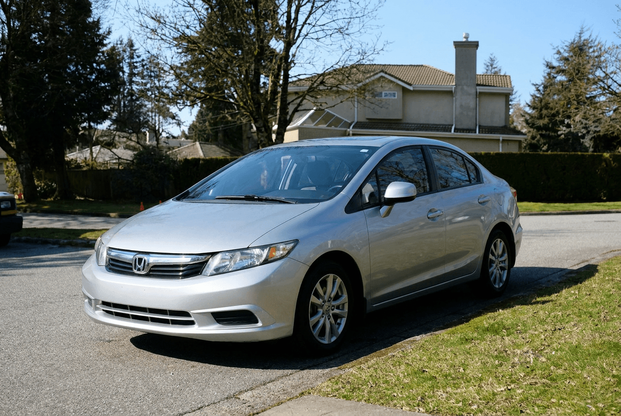 Silver compact economy hatchback parked on a sunny Dallas street, three-quarter front view, clean everyday commuter car, photorealistic